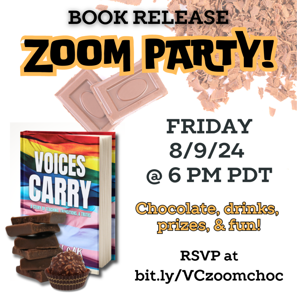 Book Release Zoom Party for Voices Carry by Raven Oak. 8/9/24 at 6 PM PDT. RSVP at bit.ly/VCzoomchoc 