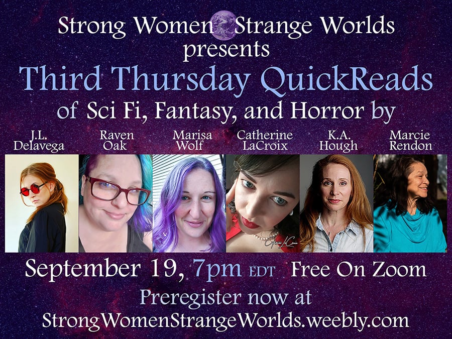 Advertisement for the Strong Women Strange Worlds event with Raven Oak and other authors