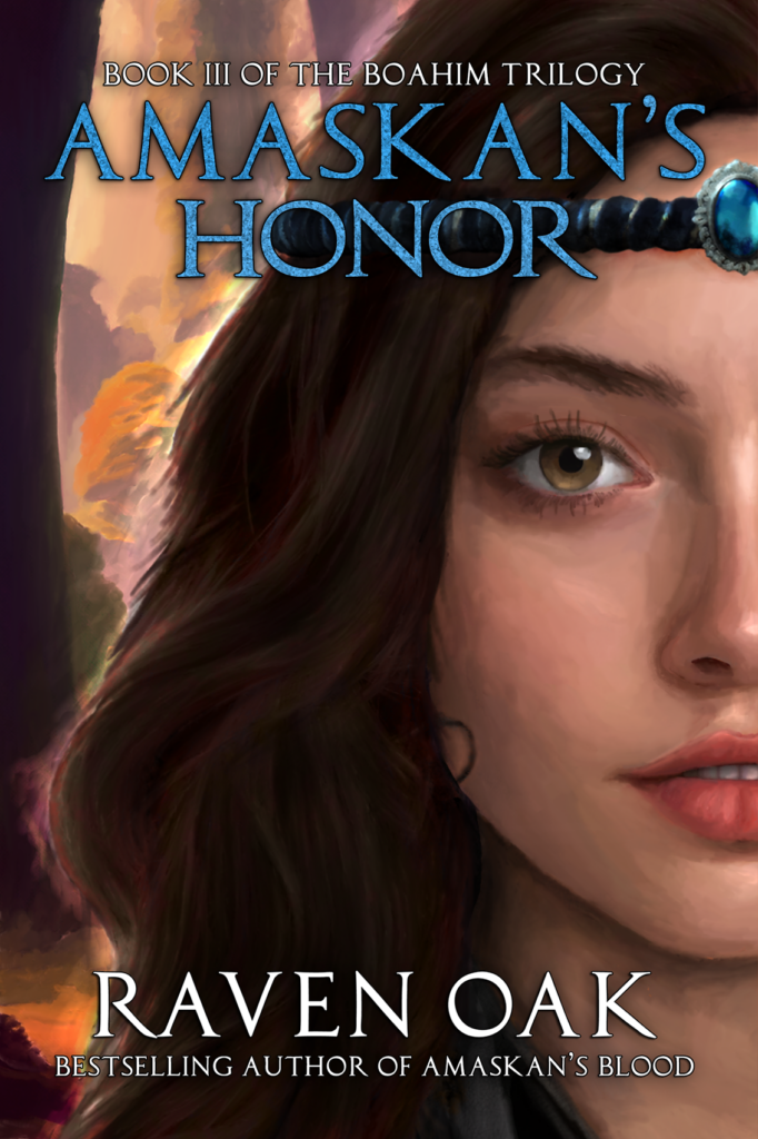 Book cover for Amaskan's Honor by Raven Oak, featuring a young woman's face in the front and a autumn forest in the background. 