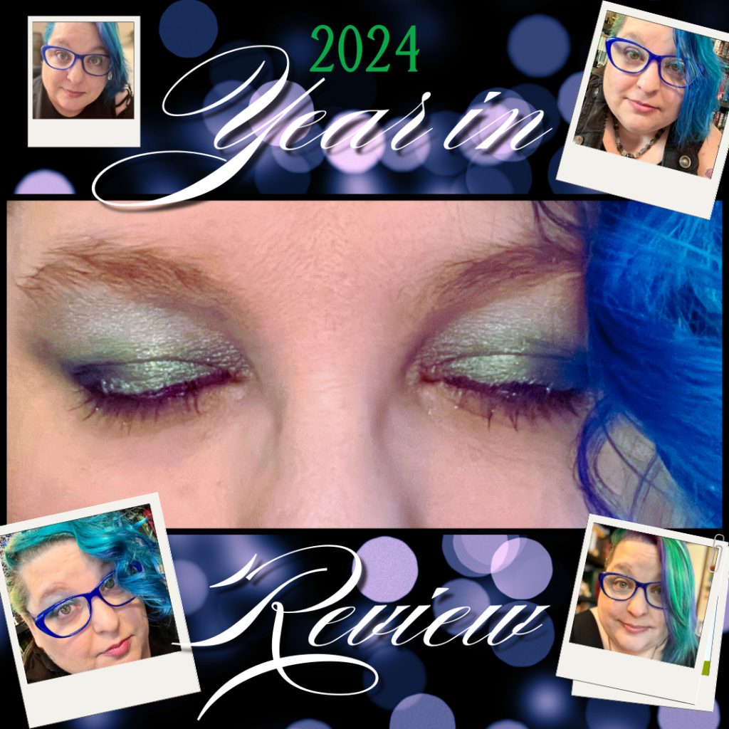 A photo collage of author & artist Raven Oak with various photos of them with their blue hair and blue glasses. One photo shows off a very sparkly teal eye shadow. The words say 2024 Year in Review.