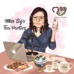 Logo for Miss Liz's Tea Parties with an animated character Liz sitting with a tea spread and a laptop.