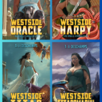 New cover art for The Oracle Chronicles by T. J. DesChamps, artwork by Raven Oak. Image shows all four covers with a curvy, badass woman facing various Greek mythology creatures. Text states that Raven Oak is available for commissions at www.theartofravenoak.com